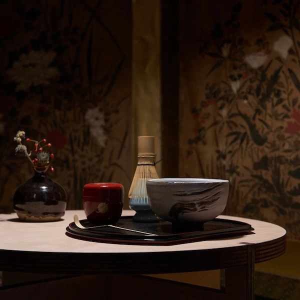 Matcha tools set for usucha preparation displayed in the studio during a MUSUBI MATCHA masterclass