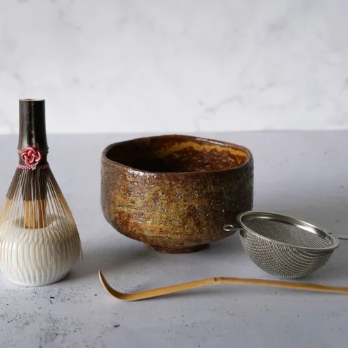 Traditional matcha tools arranged for usucha preparation and tea practice
